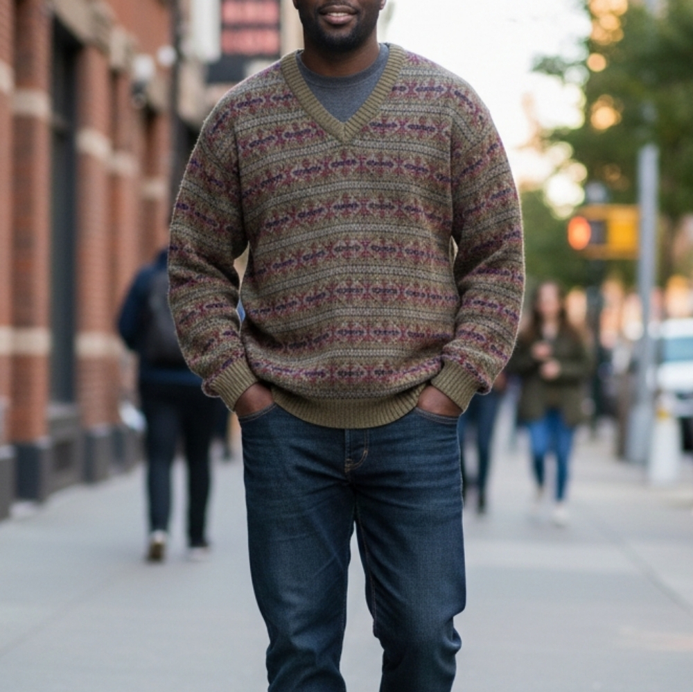 Vintage Woolrich Fair Isle Lambswool V-Neck Sweater, XXL